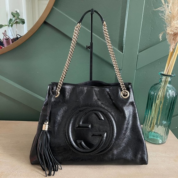 Gucci Handbags - Gucci Crinkled Soft Patent Soho Chain Tote Black Leather Bag
